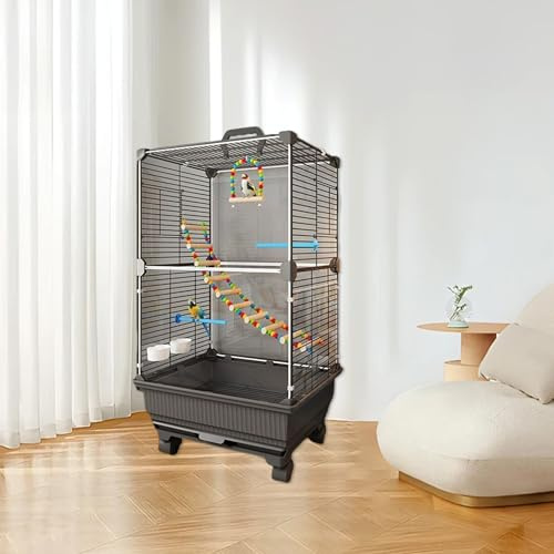 UUE Vogelkäfig, Vogelkäfige 8-teiliges, Wellensittichkäfig Set mit Rollen, Vogelhaus mit Fressnapf, Stangen, Käfigspielzeug, Schmutzwanneneinsatz, Schwarz 37 x 28 x 68 cm