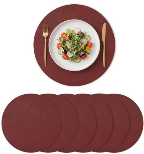 Artoid Mode Rot PU Faux Leather Round Platzsets 6er Set, 38cm Tischsets Schmutzabweisend Hitzebeständig Platzdeckchen Küche Deko