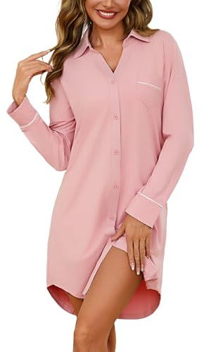 Bresdk Nattlinne dam, långärmad bomull med knappslå sovskjorta, amningsnattskjorta, nattkläder, amningsmode, födelseklänning, sjukhus, Orange-rosa, XL