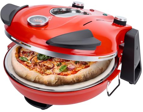 KLAMER Pizzaofen elektrisch, Pizza Ofen mit ⌀ 31cm, 1200W, 400°C, abnehmbarer Keramik Pizzastein, 5 Temperaturstufen, 15 Minuten Timer, Inkl. 2x Pizzaschieber