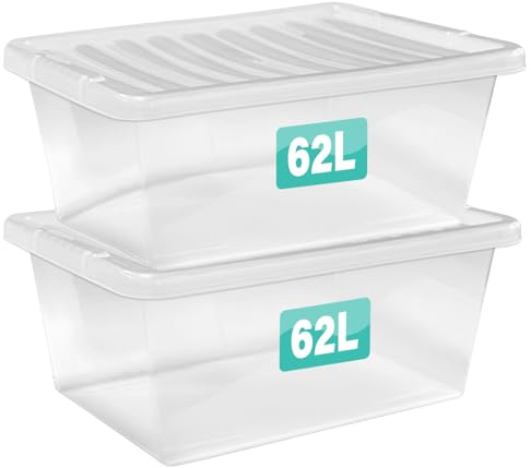 2 x 62 Litre Clear Plastic Storage Boxes With Lids Set of 2, Transparent Multipurpose Nestable Stackable Plastic Box With Lid Containers For Home, Kitchen, Garage, Office, Accessories