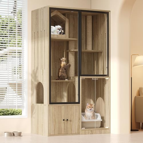 Generisch Casa per gatti a 4 piani con frontale in vetro e palo antigraffio – Villa invernale per gatti in legno naturale, 90 x 50 x 160 cm, per piccoli animali