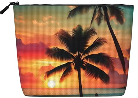 DRTGEDS Tropical Beach Palm Tree Daily Pouch Cosmetic Bag Fake Hemp Large Organizer For Travel Toiletry Water Resistant