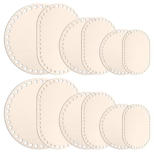 Rusokufo Juego De 12 Bases De Cesta De Madera – 6 Tamaños Redondas Y Ovaladas (10, 15, 20 Cm) Base De Madera De Tilo con Agujeros De 6 Mm para Tejer, Ganchillo Y Manualidades DIY