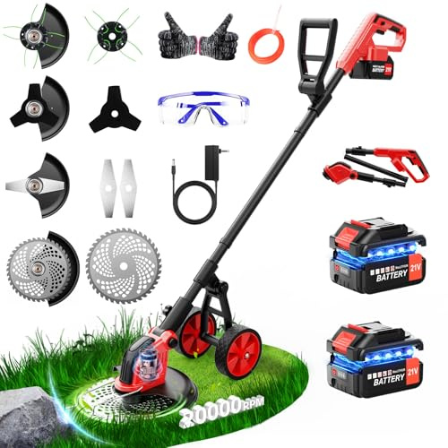 4-in-1 Akku Rasentrimmer mit Bürstenlosem Motor, 12 Zoll Schnittbreite, Abnehmbares Hilfsrad, 2 x 3,0 Ah Akku, 4 Klingentypen, 20000 U/min Elektrischer Freischneider für Hof, Garten und Gehwegkanten