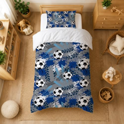 Caregchrisj Football Toddler Duvet Cover Sets 135 x 200cm, Cartoon Football Print Bedding Sets for Girls, Easy-care Microfibre Fabric with a Zip, Includes 1 Pillowcase (50x75cm)