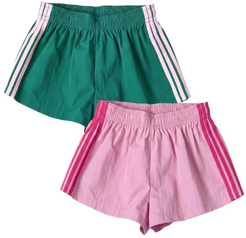 DOINEUFL Womens Shorts 2 Pack Running Gym Shorts for Women Ladies Summer Sports Shorts Lightweight Striped Dolphin Activewear Casual Lounge Pants (UK, Alpha, M, Regular, Regular, Pink + Green)