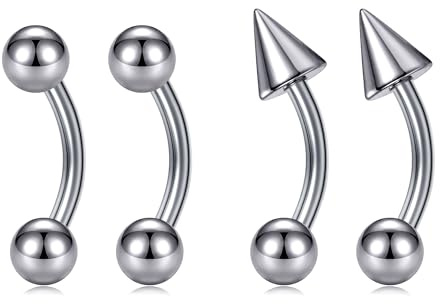 AVYRING G23 Solid Titanium Eyebrow Piercing Jewelry 16G Curved Barbell Set – Ball & Spike Design, Length 8mm Rook Piercing for Women Men, 2 Pairs