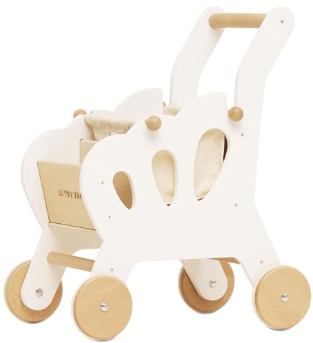 Le Toy Van Gioco educativo carrello spesa in legno, bambini 2 anni, gioco Montessori, ecologico, 2 scomparti interni, ripiano inferiore in tessuto, 1 borsa della spesa e 1 lavagna inclusi