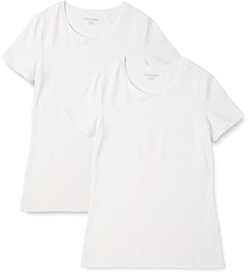 Amazon Essentials Damen T-Shirt mit kurzen Ärmeln und Rundhalsausschnitt in normaler Passform, 2er-Pack, Weiß, M-L