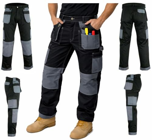 GRS Multi Pockets Mens Combat Cargo Work Trousers with Knee Pad Pockets, Black, 42 Waist - Regular