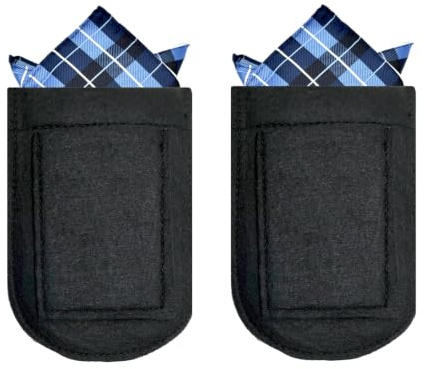 CAREOR 2 Pack Mens Pocket Square & Card Holder, Black Microfiber with Elastic Locking Suit Jackets Handkerchief Pocket Square Holder, 12.4 x 8.4 x 0.5 cm