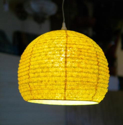 Halbrunder Lokta Papierlampenschirm, Boho Hängelampe, Ø 40 cm gelb | Traditionell handgefertigt aus Loktapflanzenfaser, Ø 40 cm, faltbar, einzigartiges Blüten-Motiv, ideal für Wohnräume