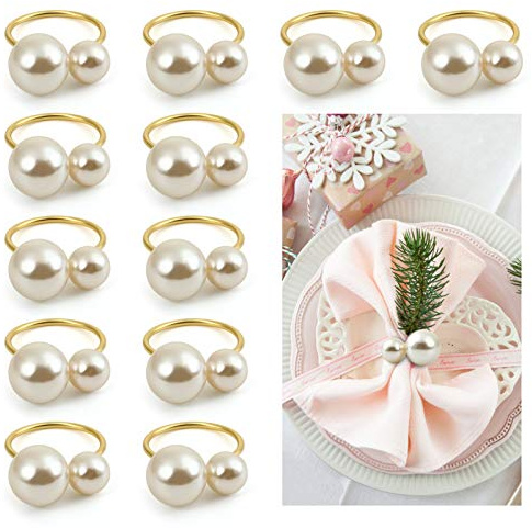 KESOTE Set of 12 Pearl Napkin Rings, Gold Napkin Ring Holders for Formal or Casual Dinning Table Decor