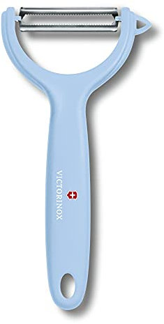 Victorinox Swiss Classic-Pelador de Verduras para Tomates, Kiwi, Hoja de péndulo, Filo dentado, Color Azul Claro, Acero Inoxidable Plástico
