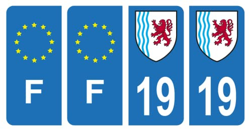 HADEXIA Set mit 4 Aufklebern für Nummernschild, Departement 19 Corréza, Region NeuAquitaine & F Frankreich, Europa