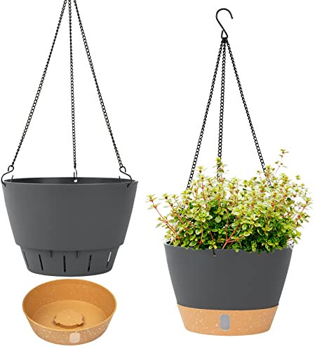 QCQHDU Pflanzgefäß-Set, 20 cm, für drinnen und draußen, hängender Blumentopf mit Drainageloch mit 3 Haken für Garten und Haus (grau)