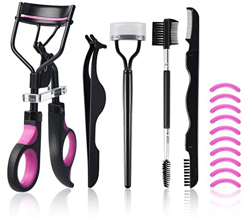 Eyelash Curlers Kit for Women w Lash Curler, Eyelash Comb Seperator, 3 in1 Mascara Brushes, Eyelash Extension Tweezers, Foldable Eyebrow Brush and Comb, 10 Silicone Refills Pads for Natural Eyelashes