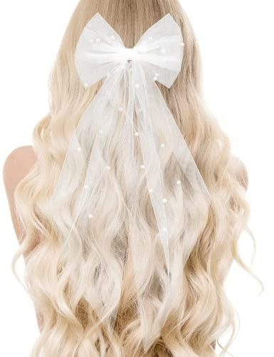 KAISELINNA 1PCS Bridal Bow Veil Hair Clip Sweet Pearl Bow Bachelorette Party Hair Clips Bridal Shower Hair Hen Wedding Bridesmaid Favors Supplies Phot