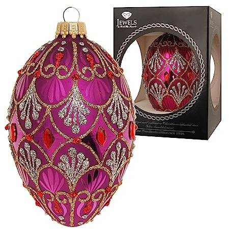 Krebs Glas Lauscha - Weihnachtsdekoration/Christbaumschmuck aus Glas - Weihnachtsbaumanhänger als Glas-Ei - Farbe: Purpur glänzend - Glitzernd Verziert mit Strasssteinen - Größe: 10 cm