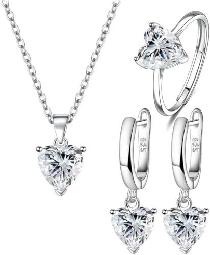 TOEECY Hjärta smyckeset för kvinnor och flickor kristaller 925 silver silverpläterat hänge halsband örhängen set zirkonia present till bröllopsdag, Legerat stål