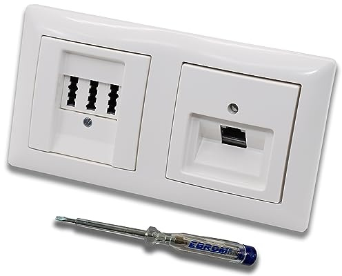 Busch Jäger, Rutenbeck Unterputz Netzwerkdose 10 Gigabit/S (10GbE) KAT6A 6A 1xRJ45 Anschluss + EBROM Telefon TAE 3x6 NFN Dose im BJ BalanceSi alpinweiß Design + EBROM Phasenprüfer z. Montage d. Geräte