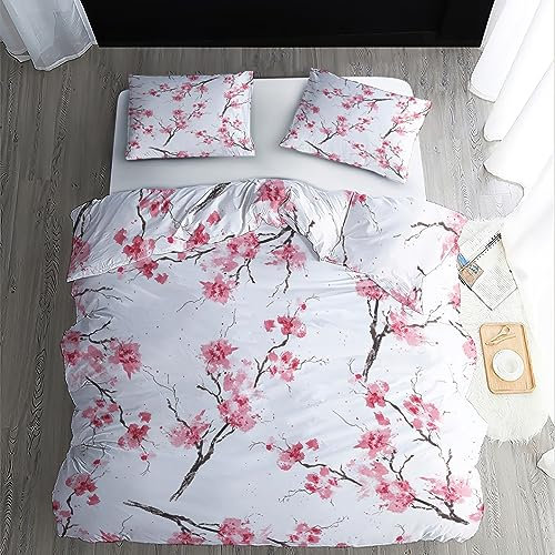 ZDABAOEC Bettwäsche Kirschblüten 135x200, Rosa Sakura Blumen Wendebettwäsche, 110gsm Microfaser Bettbezug 2er Set, Weich Kuschelig Bügelfrei, 1 Kopfkissenbezug 80x80, mit Reißverschluss
