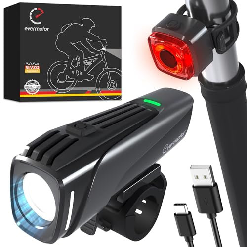 Evermotor LED cykelljusset med StVZO-godkänd, 11 timmar batteritid, cykellampa fram, bakljus cykel, blinkers, superbra ljus, cykellampor tillbehör, USB-C uppladdningsbar, IPX5 vattentät