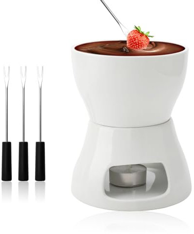 BRISKORE Juego de fondue de cerámica para fondue de chocolate, fondue de chocolate, cuenco de cerámica con portavelas y 4 tenedores, juego de fondue de chocolate para chocolate, queso, fondue, cenas
