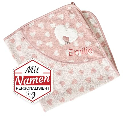 LALALO Sterntaler Kapuzenhandtuch Emmi Girl mit Namen Bestickt für Mädchen, Frottee Baby Badetuch Badehandtuch/Rosa Kinder-Badetuch mit Kapuze personalisiert (80x80, Herzen)