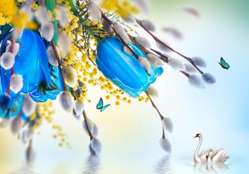 Fototapete Blumen 3D Tapeten 3D Effekt Wohnzimmer Schlafzimmer Vliestapete Ästhetische Blaue Tulpe Schwan See Natur Grau Graffiti Steinoptik Kinder Tapeten