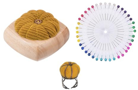 QUARKZMAN Holz Basis Nadelkissen mit Verstellbarem Finger Ring Filz Nadel Kissen und 40Stk Nähen Nadeln für Nähen Quilten Handarbeiten Heimwerken Basteln Gelb