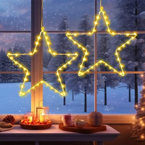 Kimuwote LED Sterne Weihnachtsbeleuchtung, 40 LED Weihnachtsbeleuchtung Fensterdeko, Stern Batteriebetrieben Warmweiß mit Timer,Stern Lichter für Innen,Weihnachten Deko, Balkon, Party (2 Stück)
