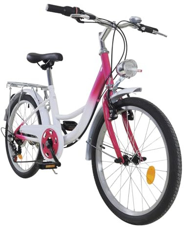 WooDerson 20 tums flickcykel, 6-växlad cykel med framljus och bagagehållare, stadshjul för längd 145–165 cm, maximal lastkapacitet 90 kg, handtagshöjd 75–80 cm, kudde höjd 60–72 cm (rosa + vit)