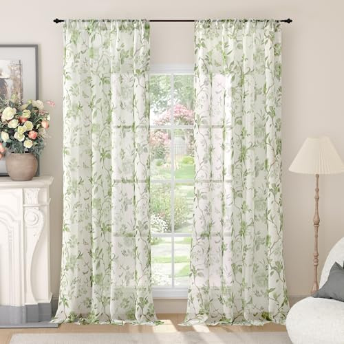 Lajode Sage Green Curtains for Living Room Sheer, Spring Leaf Vines Patterned Farmhouse Light Filtering Semi Sheer Linen Curtains for Bedroom 96 Inch Length 2 Panels Rod Pocket, Each 52 Inch Wide