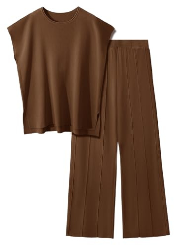 PASUDA Femme Ensemble 2 Pièces Été Pull Tricoté Chic Elegant Sans Manches Sweater Gilet Top et Longue Pantalon à Taille Élastique et Jambes Larges Outfit Loungewear Set