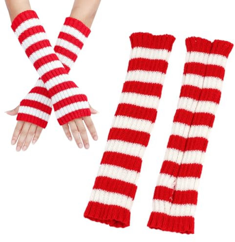 NOPKESV 1 Paar Handschuhe Lang Elegant Damen Satin Classic Abendhandschuhe für Classic Opera Party HalloweenKarneval Kostüm Karneval Valentinstag(rote und weiße Streifen)