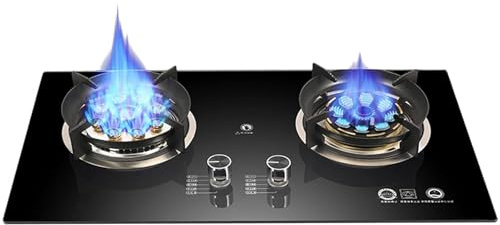 THEGA Stufa A Gas - Fornello A Gas Portatile, Fornello A Gas da Incasso in Vetro Temperato, Cucina A Gas A Due Fuochi, Fornello da Cucina Fornello A Gas con Promemoria Antiscottatura(NG)
