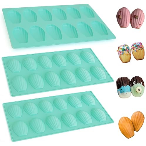 Zorazio Confezione da 3 teglie antiaderenti in silicone per madeleine per la cottura, stampo da forno a 12 cavità a forma di conchiglia, resistente teglia per biscotti Madeleine per forno