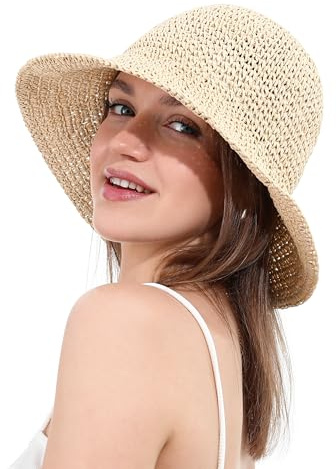 soul young dam halmsolhatt brett brätte handvävd vikbar strandhatt för sommarresor UV-skydd UPF 50+, BEIgE, one size