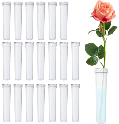 WUSJCOF Lot de 20 tubes à essai pour fleurs, en plastique transparent, avec couvercle, tube plastique transparent, pour fleurs, arrangements floraux, décoration (11 x 2,4 cm)