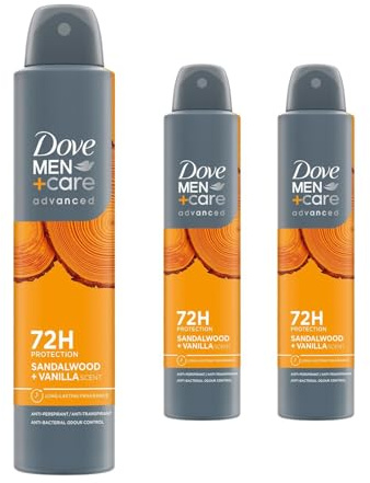 Dove Men+Care Advanced Sandalwood + Vanilla Anti-Perspirant Aerosol Men's Deodorant Spray with moisturising cream for 72 hour sweat protection and anti-bacterial odour control 200 ml Pack of 3