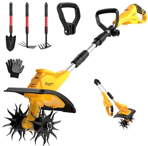 Cordless Electric Garden Tiller Cultivator Compatible with Dewalt 20V Battery(Tool Only), Folding Electric Rototiller Features 40 Steel Tines 310RPM, Yellow