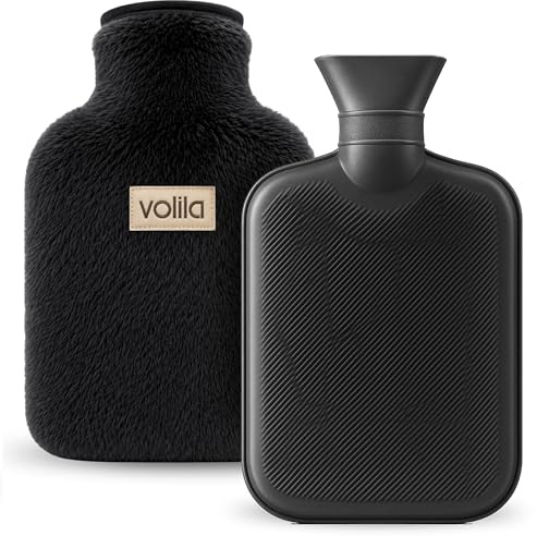 Hot Water Bottle - 1L Black Hot Water Bottle for Pain Relief, Hand and Foot Warmer - Luxury, Soft and Washable Hot Water Bag for Hot and Cold Compress