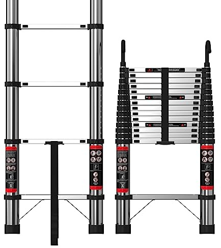 16.4FT Stainless Steel Ladder with Hooks, 5M FT Telescope Ladder with Safety Lock, Anti-slip Thickened Stainless Steel, 330lbs load, Portable Folding Ladders for Home and Construction Use