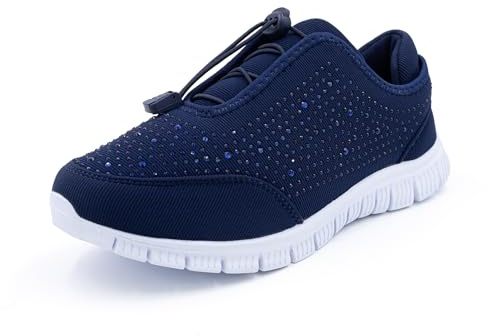 Cushion Walk Women's EEE Extra-Wide Fit Slip-On Bungee Memory Foam Trainers Gym Shoes (UK 6, Navy)
