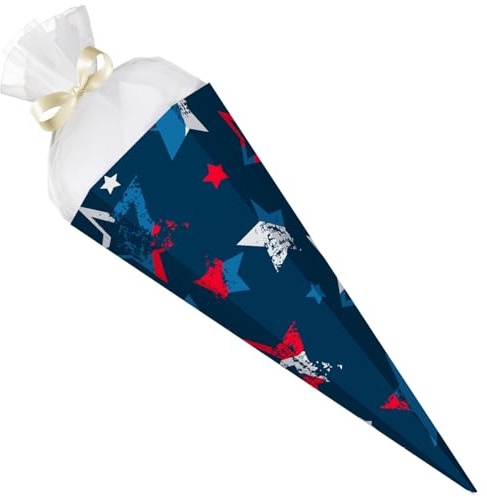 GRAVURZEILE - Bedruckte Schultüte - Muster Sterne - Rohling mit versch. Motiven zum basteln - Geschenk zur Einschulung - Sechseckige Zuckertüte für Jungen & Mädchen - 61 cm mit Tüll-Verschluss