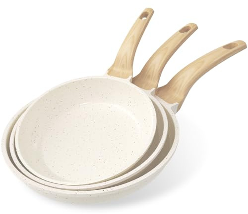 YASHE Nonstick Frying Pan Set, 3 Piece Granite Skillet Set, Induction Pans for Cooking Omelette, Healthy Kitchen Stone Cookware with 20 cm, 24 cm, and 30 cm Pans, White