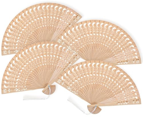 Bamboo Folding Fan Set, 4 Pcs Handheld Fans with Sandalwood and Silk, Vintage Wooden Fan for Weddings Parties and DIY Decorations, Chinese and Japanese Style Fans for Cooling and Decor (Style 3)