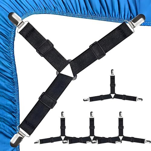 Hongoen 4 Stück Bettlakenspanner,Spanner für Spannbettlaken,mit Clips aus Metall,Dreieckige Bettlaken Spanner,Spannbettlaken Halter,Bettlaken Spanngurte,für Bettwäsche, Matratze oder Sofa